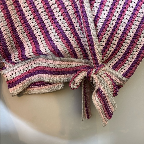 NEW Eva Mendes Teri Multicolor Striped Dolman Sleeve Tie Waist Crochet Knit Top - Picture 7 of 11